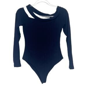 H:OURS Ribbed Cutout Long Sleeve Bodysuit Body Fitted Stretch Navy Size Medium